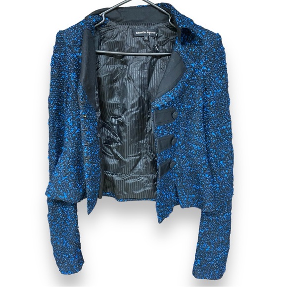 Nanette Lepore Tweed Cropped Military Style Blue Black Vamp Blazer Medium - Picture 4 of 7